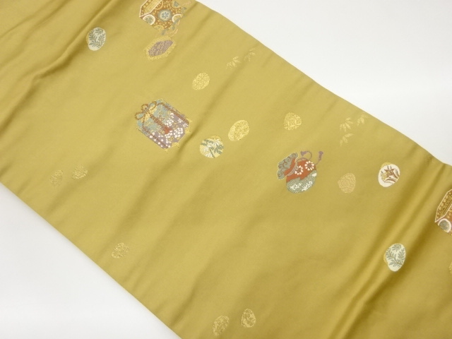 貝桶に竹・貝合わせ模様織出し名古屋帯